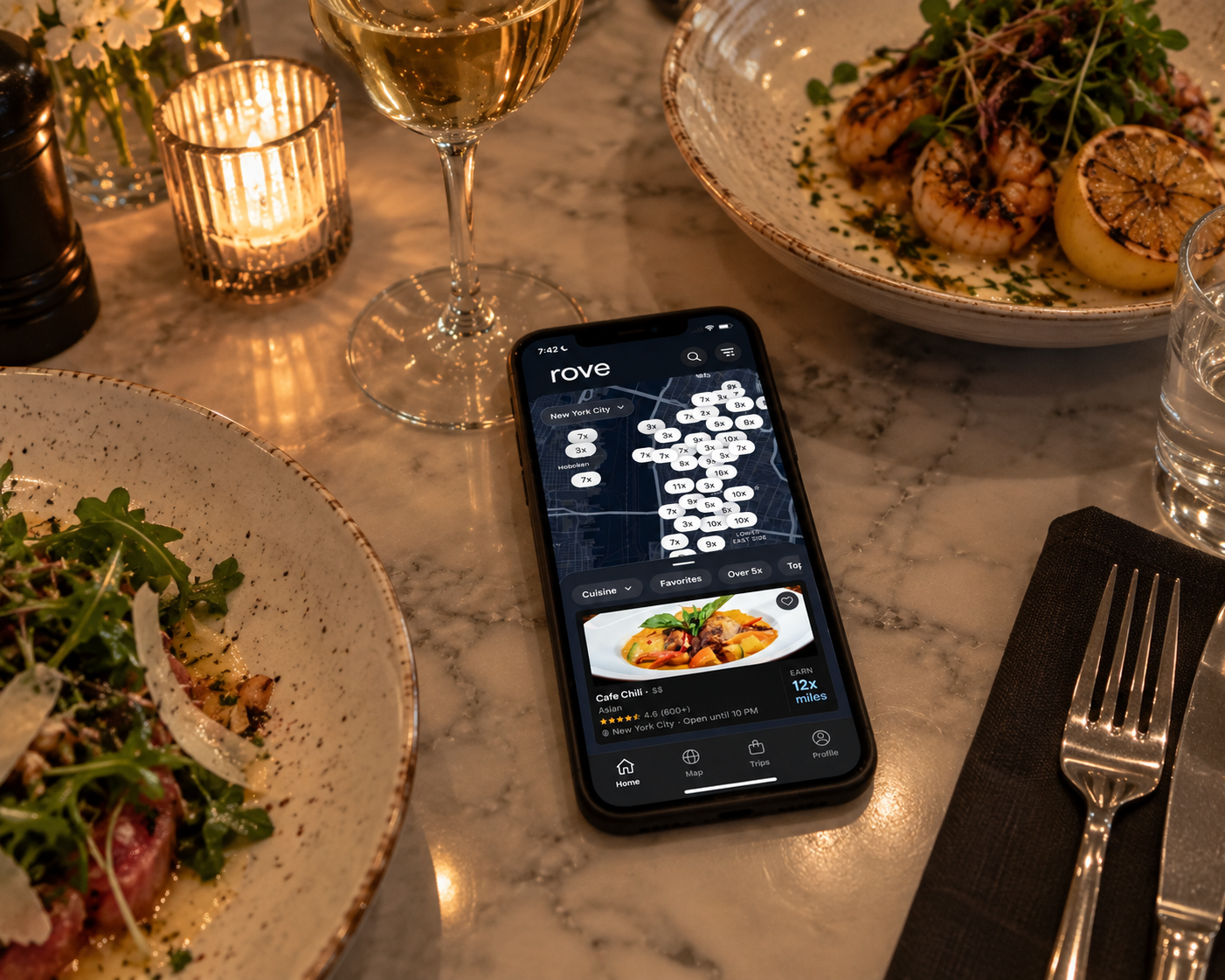 Rove Dining screen in the Rove app showing participating restaurants and miles rates